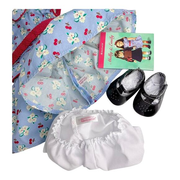 American Girl Emily Meet Outfit Cherry Dress Shoes Socks Bloomer Panties Cards - Picture 5 of 7
